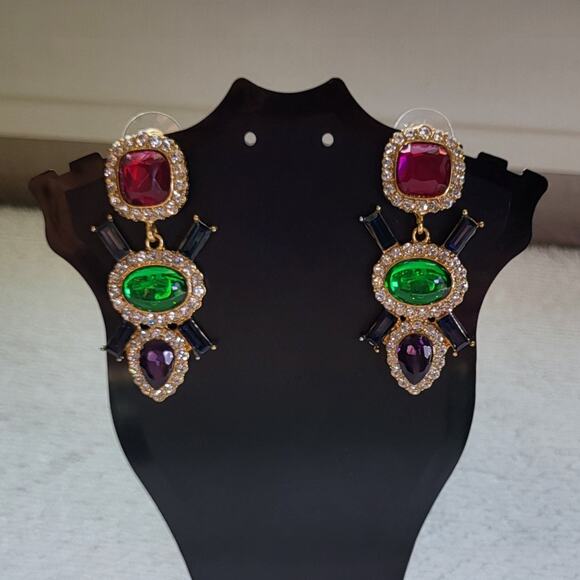 Multi-Color Jeweled Gem Statement Dangle Earrings – Gold Tone Rhinestone Drops - Picture 8 of 12